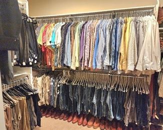 Men's clothing. Vintage "Cosby Show" style 1980s sweaters, Hawaiian shirts, dress shirts, jeans, full suits, tuxedo, and like new shoes. Clothing sizes L-XL; pants mostly 34x34. Shoes mostly 9 1/2 - 10 1/2.