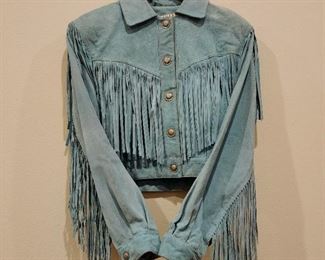 Vintage ladies blue suede fringe jacket