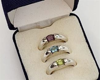 Sterling rings with amethyst, blue topaz and peridot.