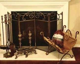 Heavy brass and iron fireplace screen andirons, fireplace tools, firewood holder
