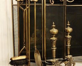 Heavy brass fireplace tools, andirons and fireplace screen