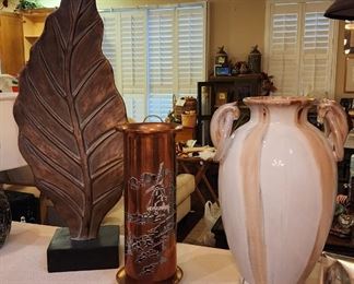 Decorative pottery; signed Heinz sterling on bronze vase