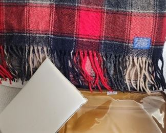 Vintage Pendleton red plaid wool "Robe in a Bag" stadium blanket, cushion and bag.