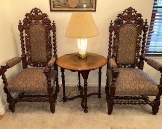 CARVED WOOD ACCENT CHAIRS (IMPORTED), WOOD ACCENT TABLE, LAMP