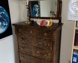 ANTIQUE DRESSER, LAMP