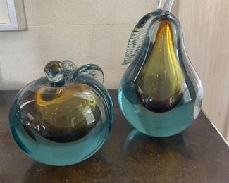 Blue and Amber Murano Glass Apple and Pear