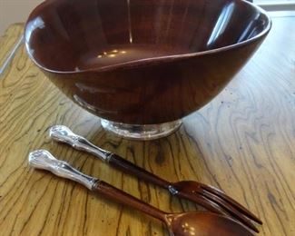 MCM Walnut Wood Salad Set/ Handles are sterling silver
