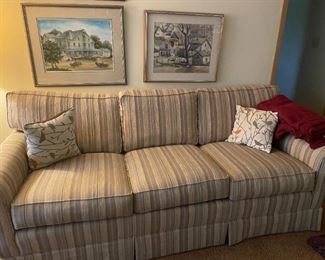 Upholstered Couch w/Pillows, & Original Water Color Art