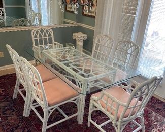 #1 White Cane and Wicker Glass Top Dining Set - with 6 chairs. 66x42x28 $ 275.00
