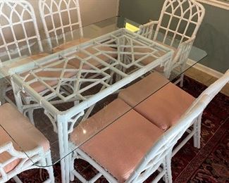 #1 White Cane and Wicker Glass Top Dining Set - with 6 chairs. 66x42x28 $ 275.00