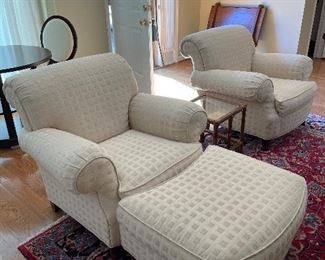 #12 "Baker Furniture - Rolled Arm and Back Chair with Ottoman. Cream squared fabric. 40"" deep (24"" seat depth) x 41"" wide x 34"" tall - ottoman 31""x24""" $ 250.00