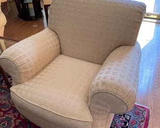 #13 "Baker Furniture - Rolled Arm and Back Chair. Cream squared fabric. 40"" deep (24"" seat depth) x 41"" wide x 34"" tall" $ 200.00