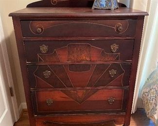 #24 "Art Deco 4 Drawer Dresser with inlays and carved wood - on casters. 18""x32""45.5"" (as is finish)" $ 200.00