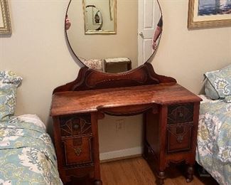 #25 "Art Deco Round Mirror Vanity - 4 Drawers. Carved Wood and Inlays - on casters. 18""x42""65.5""" $ 225.00