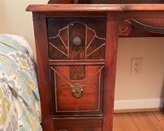 #25 "Art Deco Round Mirror Vanity - 4 Drawers. Carved Wood and Inlays - on casters. 18""x42""65.5""" $ 225.00