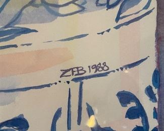 #39 "Wood Framed Watercolor Print - Blue and White Tea Pot and Flowers. 32""x25.5""" $ 75.00