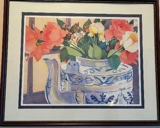 #39 "Wood Framed Watercolor Print - Blue and White Tea Pot and Flowers. 32""x25.5""" $ 75.00