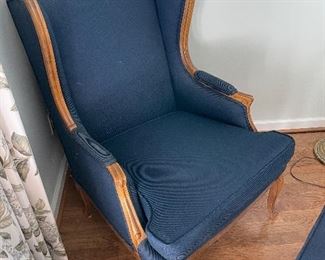 #41 "Navy Blue Carved Wood Arm Chair and Ottoman - 42x27.5x29(23"" seat depth) ottoman 27.5x20" $ 200.00