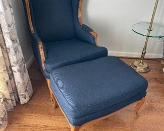 #41 "Navy Blue Carved Wood Arm Chair and Ottoman - 42x27.5x29(23"" seat depth) ottoman 27.5x20" $ 200.00