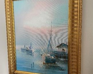 #43 Gold Framed Fishing Boat Painting - Signed Thomas - 16.5x20 $ 75.00