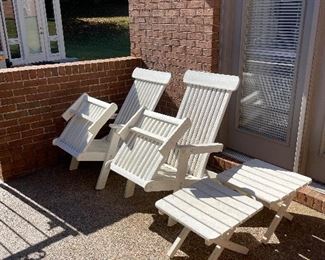 #56 Pair of White Composite Folding Adirondack Chairs and set of side tables. ($150 each) $ 300.00