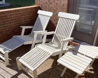 #56 Pair of White Composite Folding Adirondack Chairs and set of side tables. ($150 each) $ 300.00
