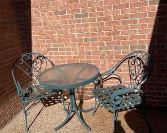 #57 Green Metal Decorative Patio Set - 2 Chairs and Table with glass top. $ 150.00