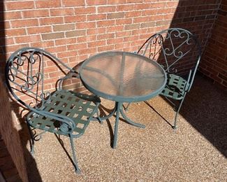 #57 Green Metal Decorative Patio Set - 2 Chairs and Table with glass top. $ 150.00