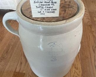 #85 "Antique Louisville Pottery Indian Head Blue Cherokee #3 Butter Churn 13"" w/lid" $ 50.00