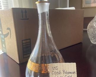 #81 "Vintage Czech Bohemian Glass Gold Etched Decanter w/stopper - 11""" $ 25.00
