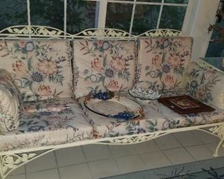 Great yellow heavy wrought iron sofa, loungers, chairs, ottoman, tables and table and chairs. All used indoors only!