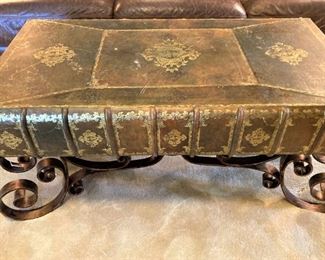 Leather "book" coffee table with metal base