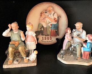 Normal Rockwell figures and plate (Norman Rockwell was an American painter and illustrator. His works have a broad popular appeal in the United States for their reflection of the country's culture.)