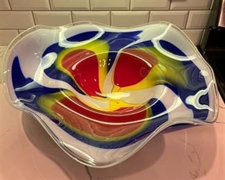 Very large centric yellow blue and red bowl 22 inches in diameter Made in the Czech Republic