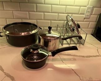 Assorted pots, Calphalon Dutch oven, with lids with additional lids and storing device