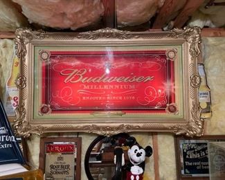 Vintage 1999 "Millennium" lighted Budweiser bar light; measures approximately 57" x 33", other assorted breweriana and beer items and vintage 1976 Mickey Mouse pushbutton telephone.