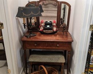 Vintage mahogany vanity, w/triple mirror and matching bench, toile bouillotte desk lamp and vintage Asian glazed pottery TV light. 