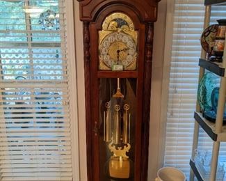 Classic Ridgeway (Howard Miller) grandfather clock, w/lovely chimes and vintage McCoy pedestal planter, # 163.