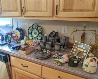 MCM enamelware, hand-painted portuguese server, vintage ceramic elephant collection, Williamsburg pewter, Bicentennial coin clock (by Roxhall) amber glass scale, Hall teapot and vintage "Crazy Cat" wall clock, in original box.
