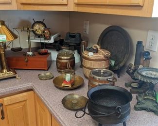 Vintage enamel "Detecto" scale, by W & T Avery Co., (Birmingham England) vintage scale, by F. Hopken & Son (Jersey City, NJ) vintage GE ships' wheel clock, vintage microscope, pair of vintage oak/silverplated English ice buckets, cast iron mini-cauldron, vintage Virginia Metalcrafters brass dish and vintage glazed ceramic ice bucket.