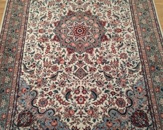 Vintage, hand-woven Persian Kashan design Fine Pakistan rug, 100% wool face, measures 8' 11" x 5' 10".
