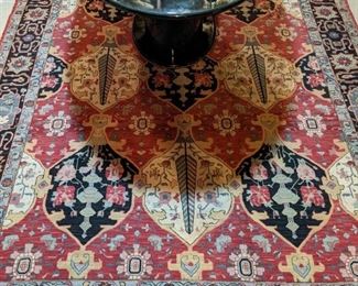 Vintage hand-woven wool rug, measures 8' 6" x 11' 8", with 80's vintage Asian black lacquer table and four matching chairs.