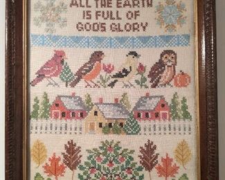 Nicely framed vintage needlepoint "All the Earth is Full of God's Glory".