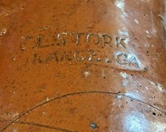 Primitive salt glazed pottery pitcher, by Edward Leslie Stork, of Orange, GA Pottery.