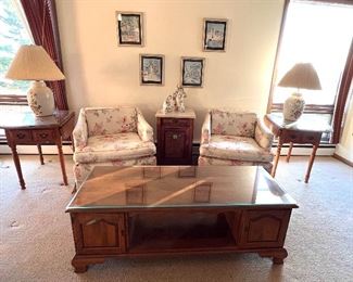 Ethan Allen Pembroke coffee table w/glass top and matching side drop leaf tables w/glass tops