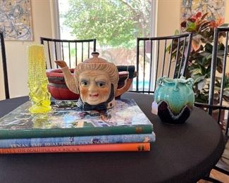 Vase on left is a LG Wright Opalescent Vaseline uranium glass vase