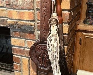 Carved bellows, vintage African horse hair fly whisk 