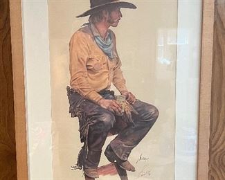 “Colorado Coolade” signed print by Gordon Snidow. These cowboy prints are a complete set of the Coors Collector’s Series by Gordon Snidow. They are stunning all together but will be sold individually. Professionally framed by decorator Rusty Freeman. 