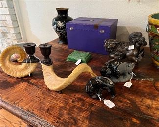 Pair of ram horn candlesticks, Maria Adelicia pottery, etc
