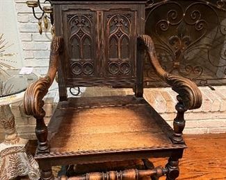 Antique solid carved English oak Tudor style chair